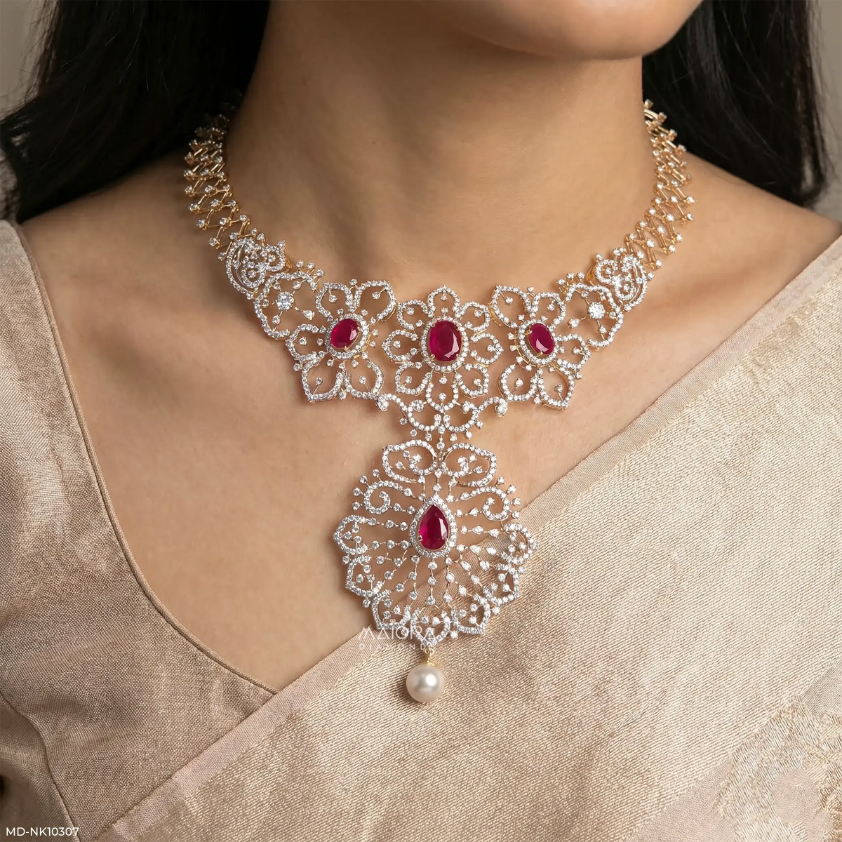 Glided Scarlet Floral Diamond Necklace
