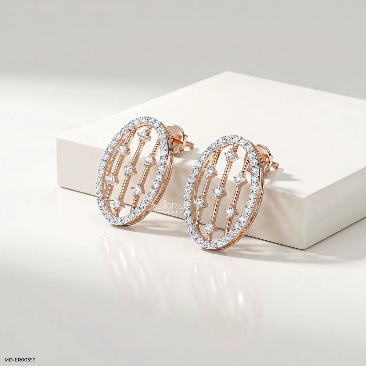 0.95 Carat Liner Lattice Oval Stud Diamond Earrings