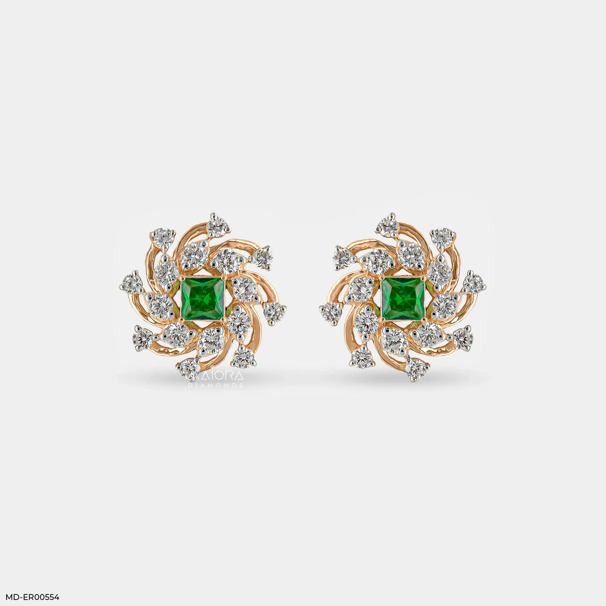 Spiral Arc Emerald Diamond Earrings