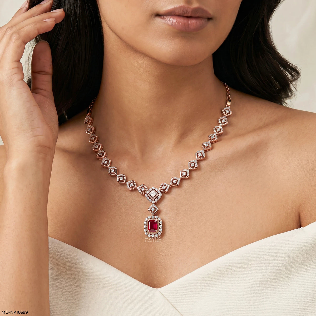 Rhombus Deco Ruby Link Diamond Necklace