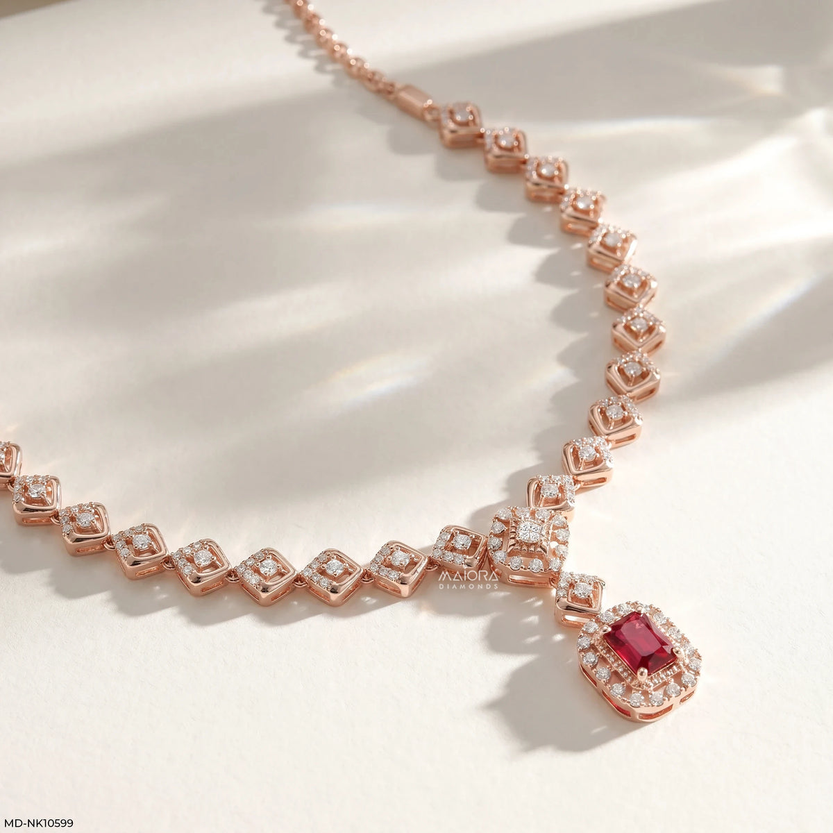 Rhombus Deco Ruby Link Diamond Necklace