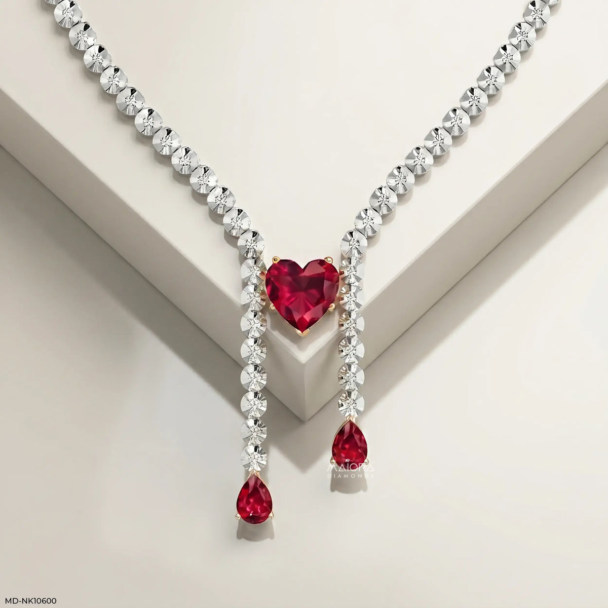Lariat Heart Ruby Y Drop Diamond Necklace