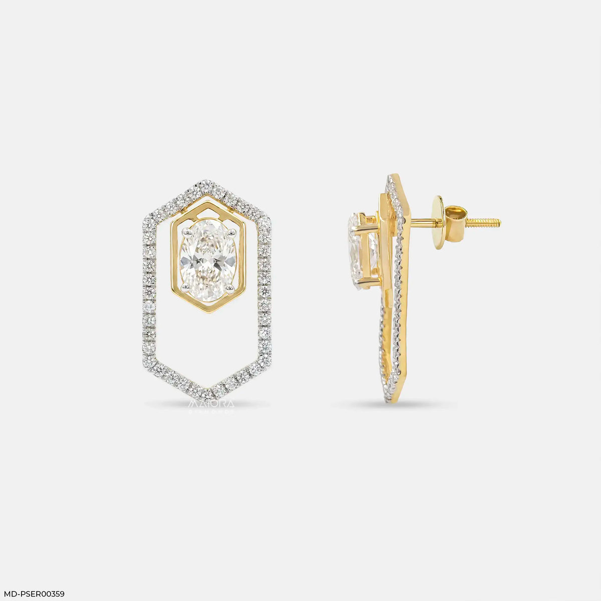 Delicate Hexagon Oval Solitaire Diamond Earrings