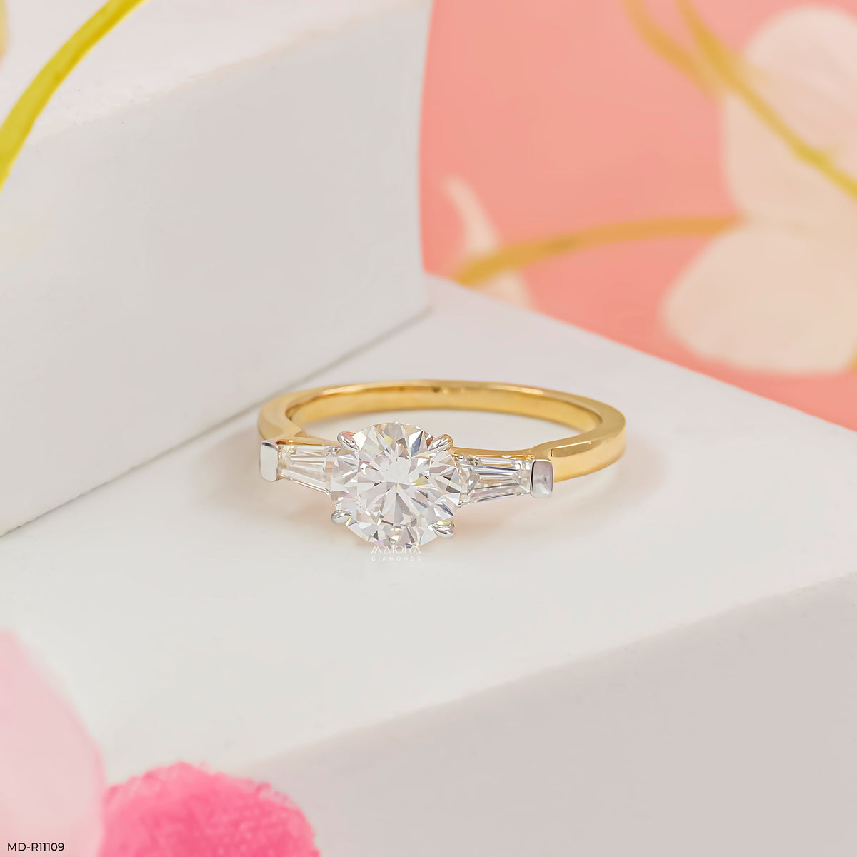 1.35 Carat Classic Trilogy Round and Tapered Baguette Ring