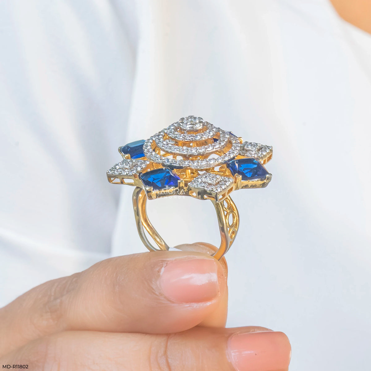 Imperial Blue Sapphire Halo Diamond Cocktail Ring