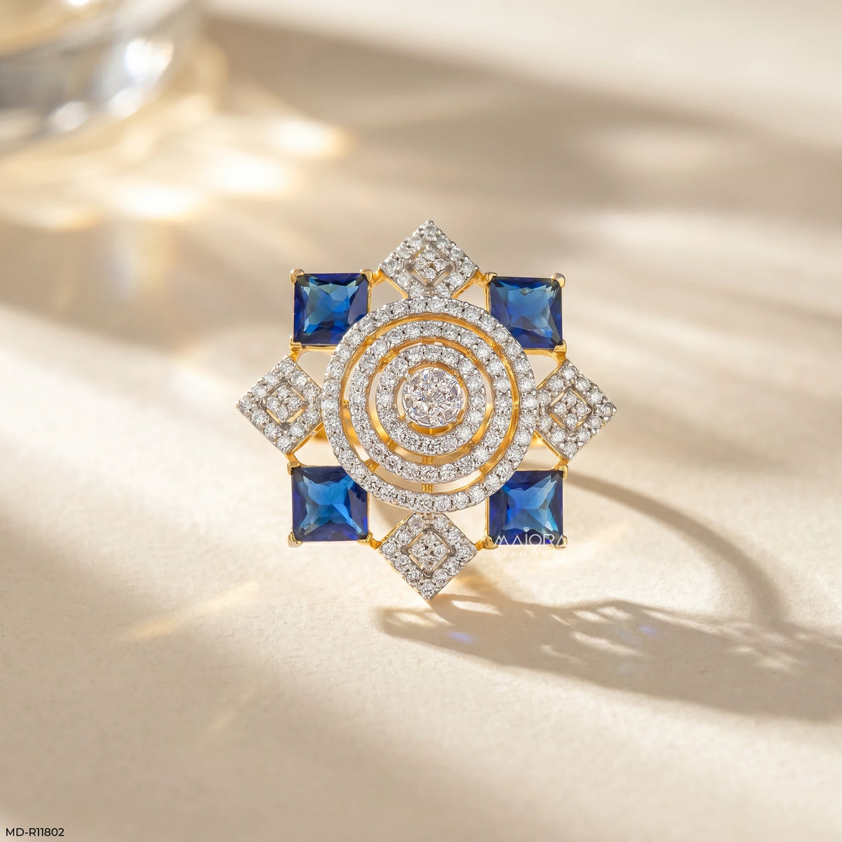 Imperial Blue Sapphire Halo Diamond Cocktail Ring
