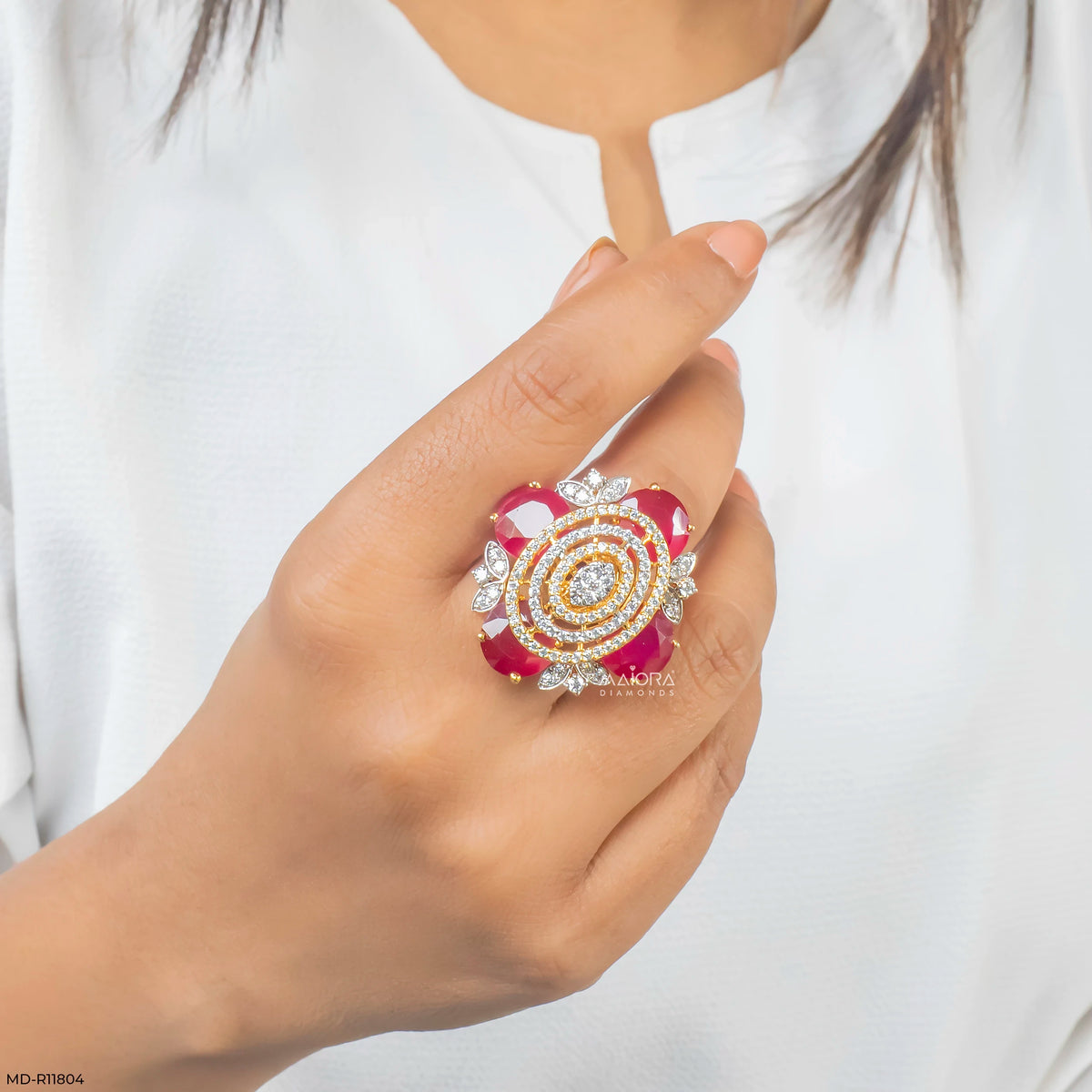 Scarlet Oval Ruby Halo Diamond Cocktail Ring
