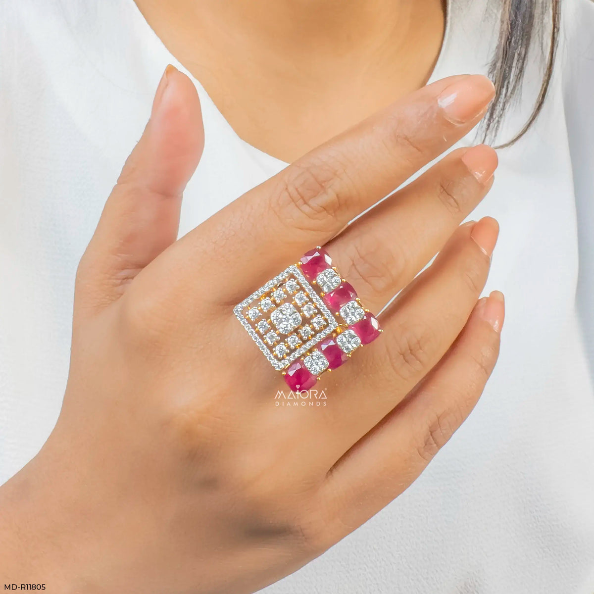 Lattice Cusion Ruby Frame Diamond Cocktail Ring