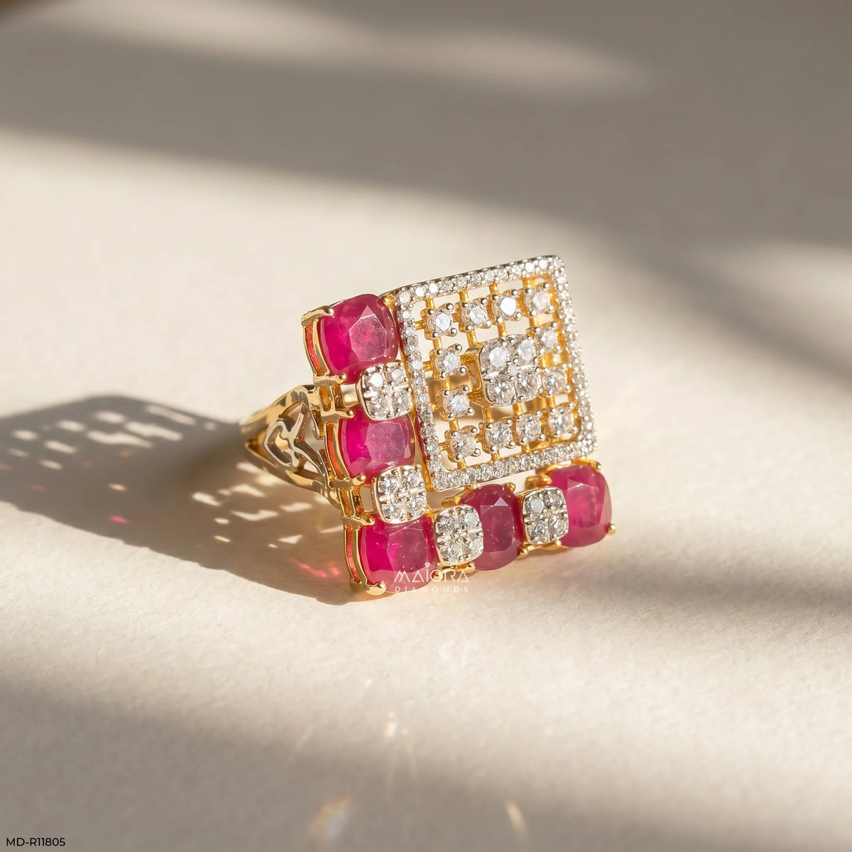 Lattice Cusion Ruby Frame Diamond Cocktail Ring