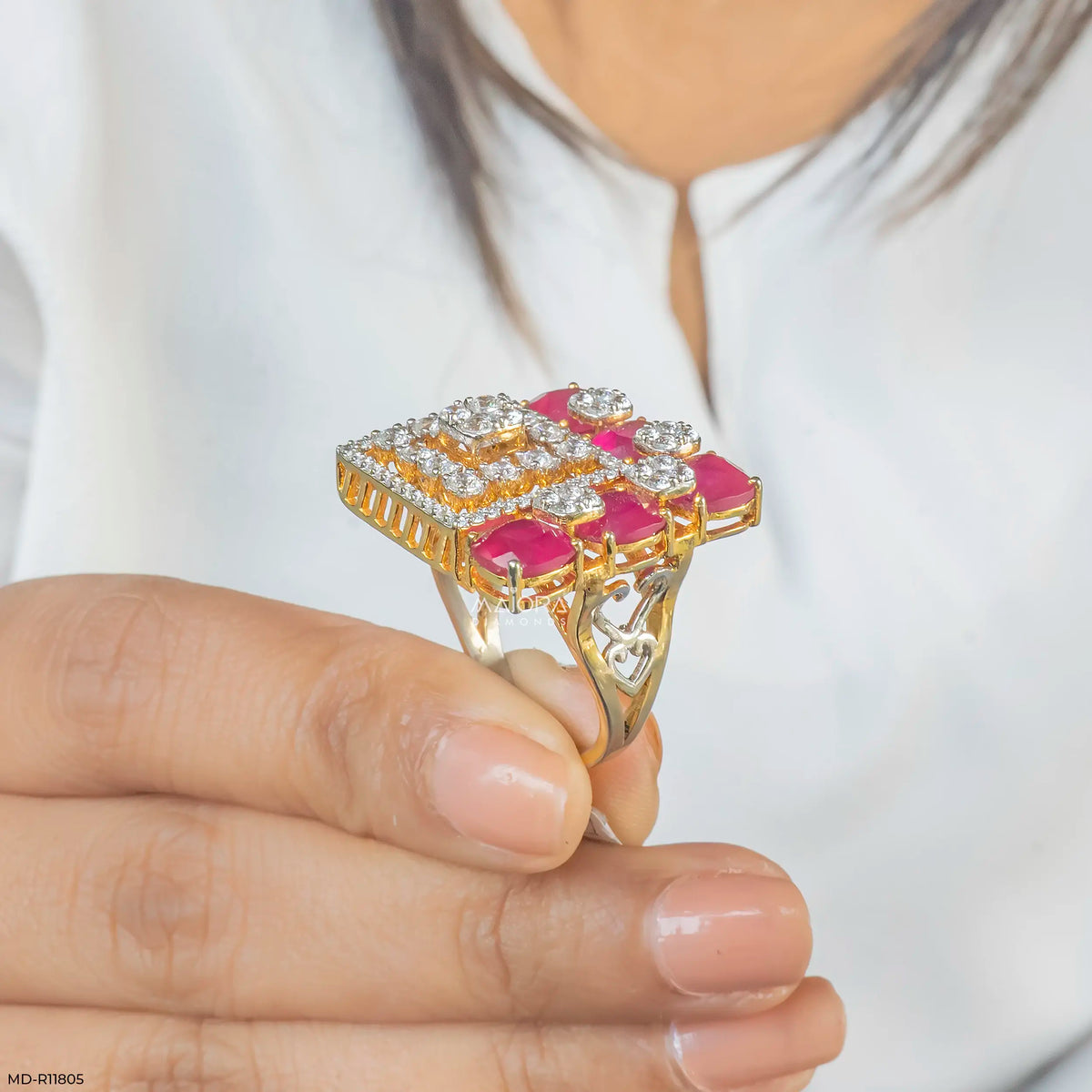 Lattice Cusion Ruby Frame Diamond Cocktail Ring
