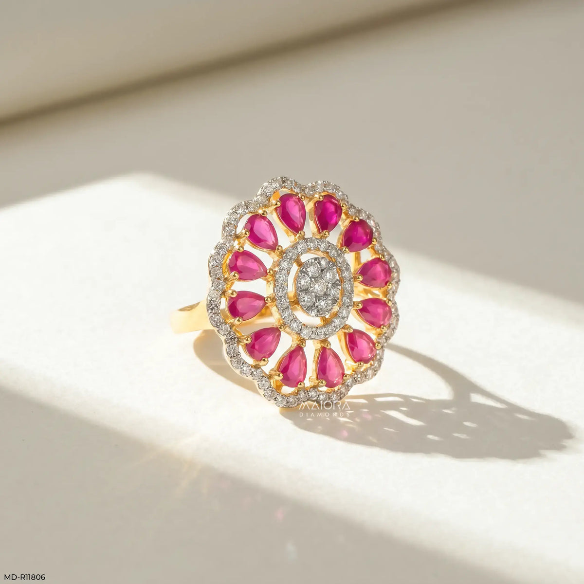 Openwork Pear Ruby Floral Diamond Cocktail Ring