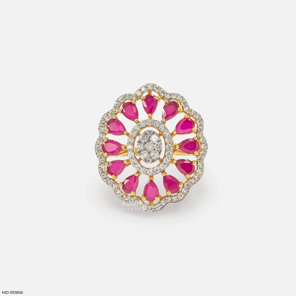 Openwork Pear Ruby Floral Diamond Cocktail Ring