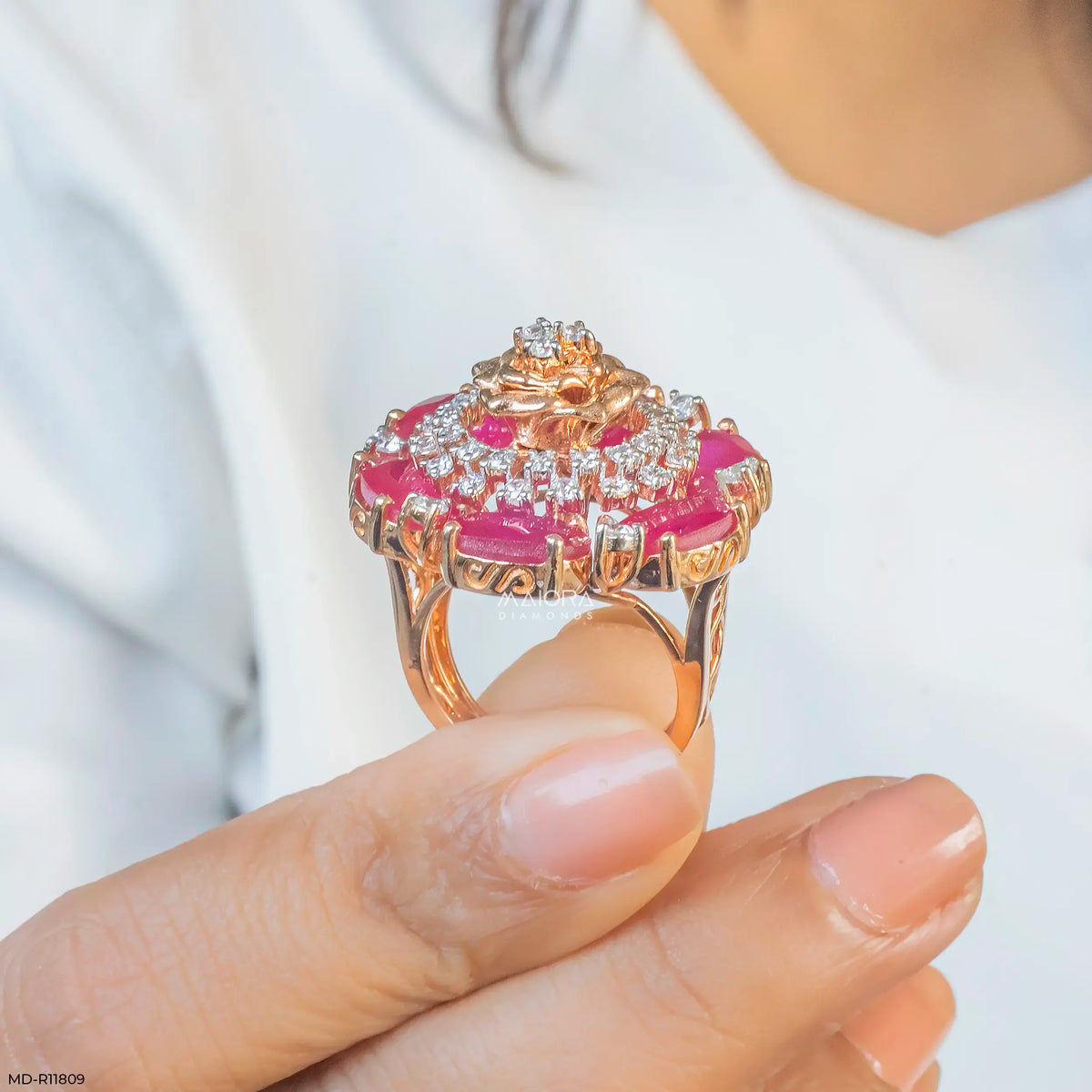 Oval Ruby Rose Diamond Cocktail Ring