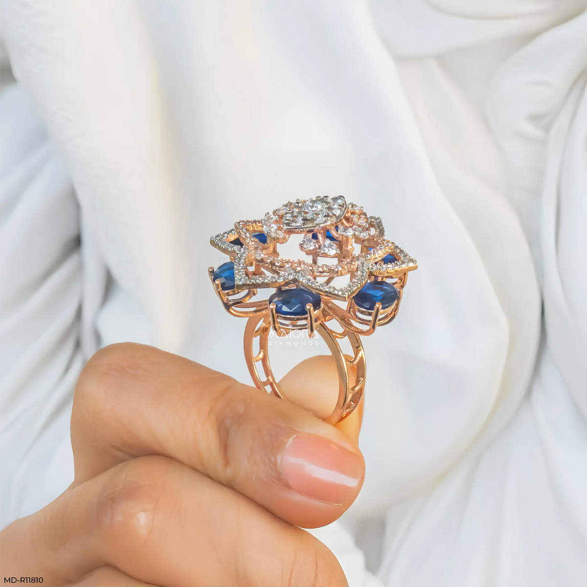 Victorian Blue Sapphire Halo Diamond Cocktail Ring