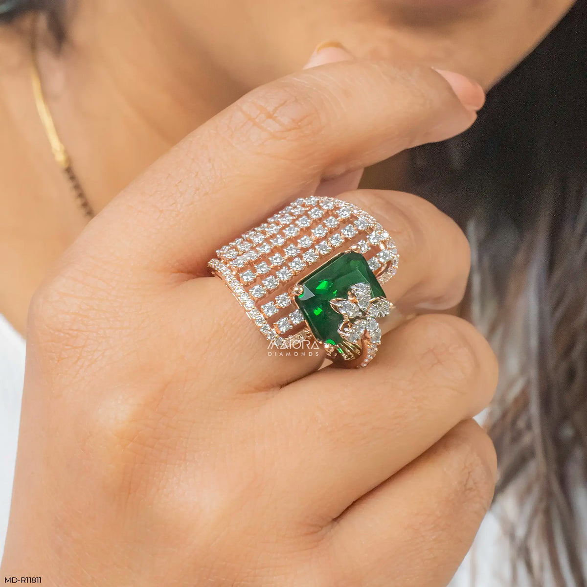 Overlay Emerald Liner Diamond Cocktail Ring