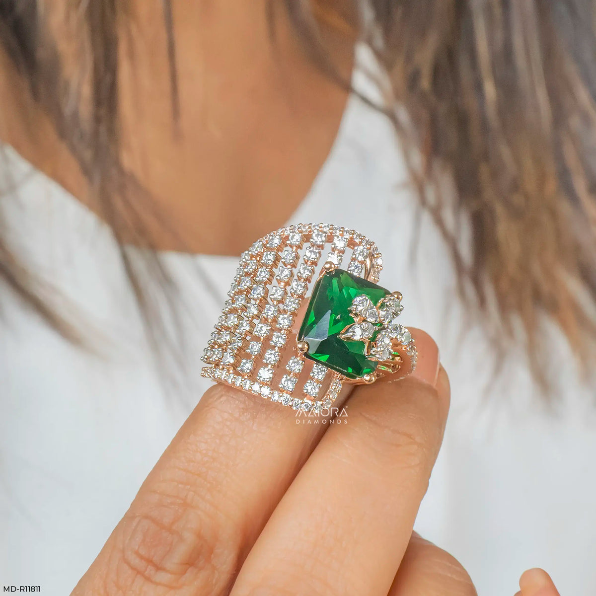 Overlay Emerald Liner Diamond Cocktail Ring
