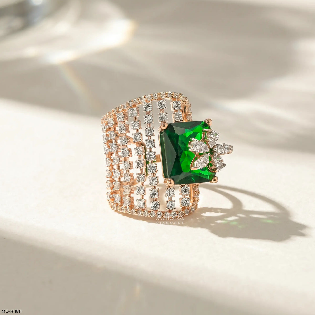 Overlay Emerald Liner Diamond Cocktail Ring