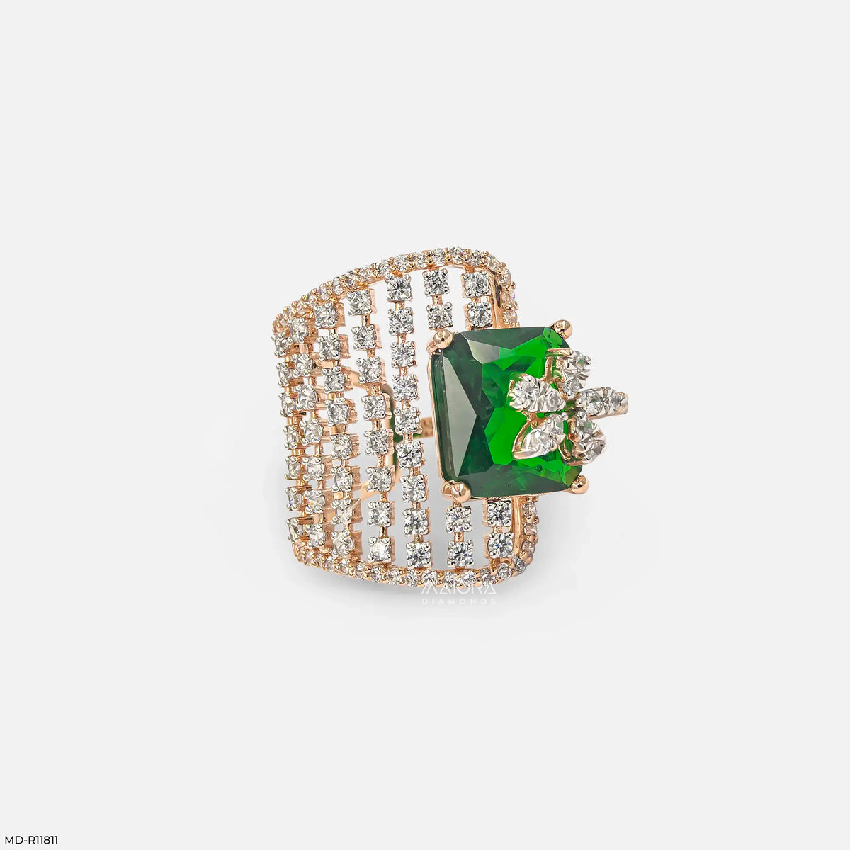 Overlay Emerald Liner Diamond Cocktail Ring