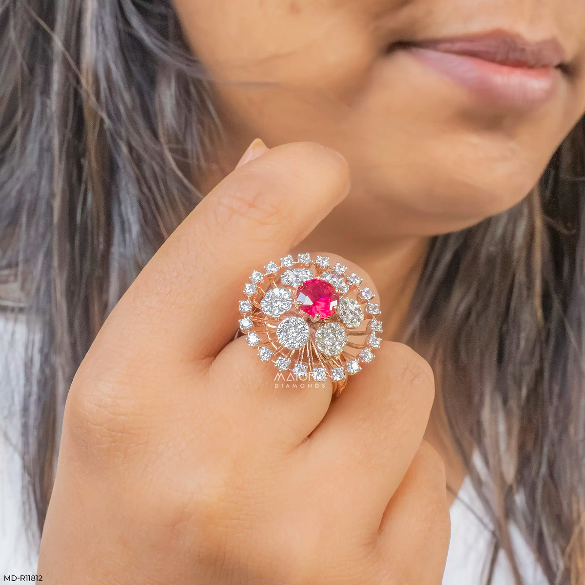 Clusters Ruby Floral Diamond Cocktail Ring