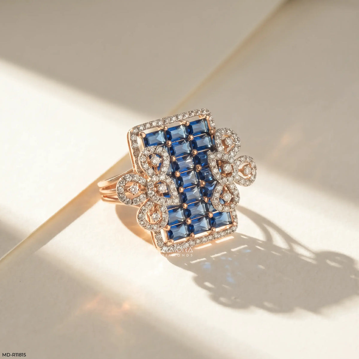Blue Sapphire Grid Petal Diamond Cocktail Ring