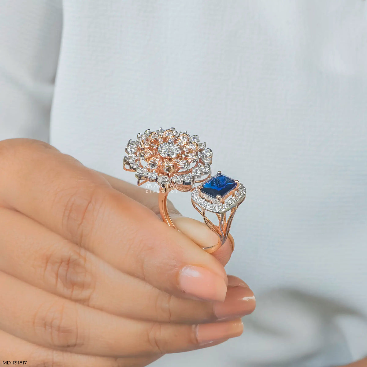Floral Blue Sapphire Halo Diamond Cocktail Ring