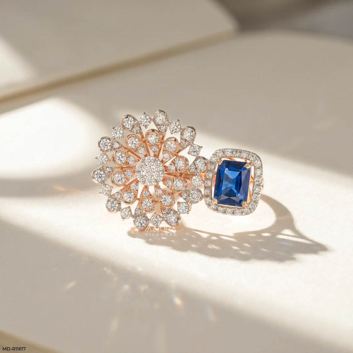 Floral Blue Sapphire Halo Diamond Cocktail Ring