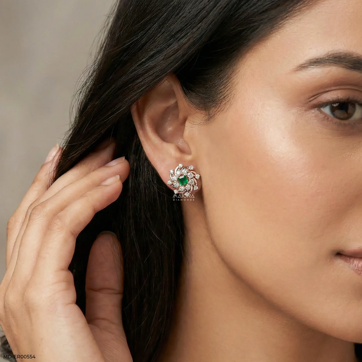 Spiral Arc Emerald Diamond Earrings