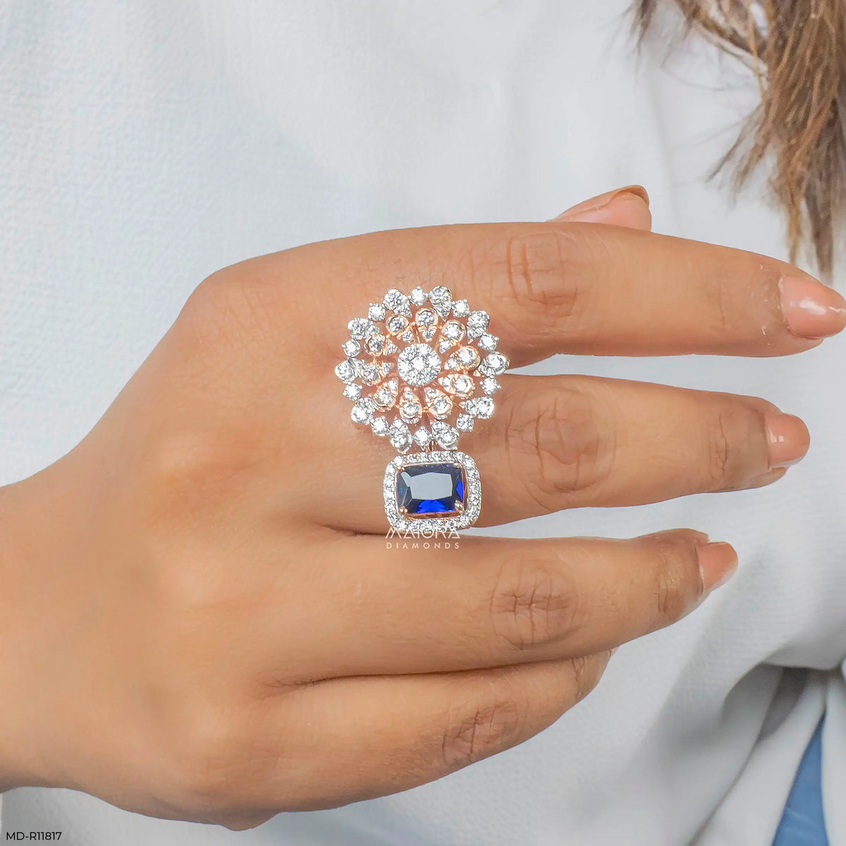 Floral Blue Sapphire Halo Diamond Cocktail Ring