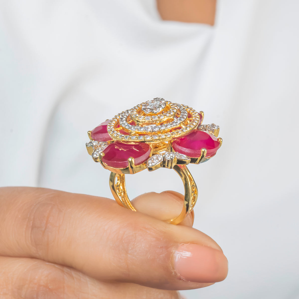 Scarlet Oval Ruby Halo Diamond Cocktail Ring