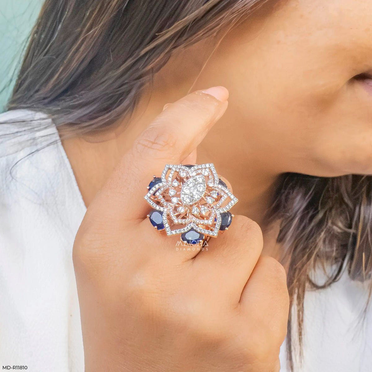 Victorian Blue Sapphire Halo Diamond Cocktail Ring