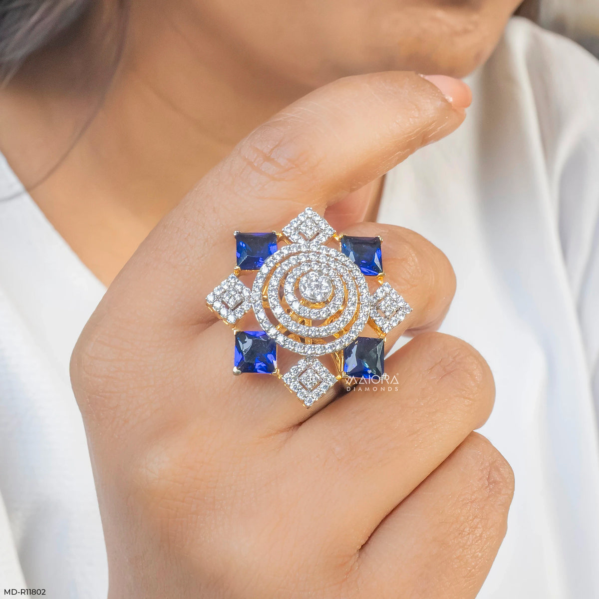 Imperial Blue Sapphire Halo Diamond Cocktail Ring
