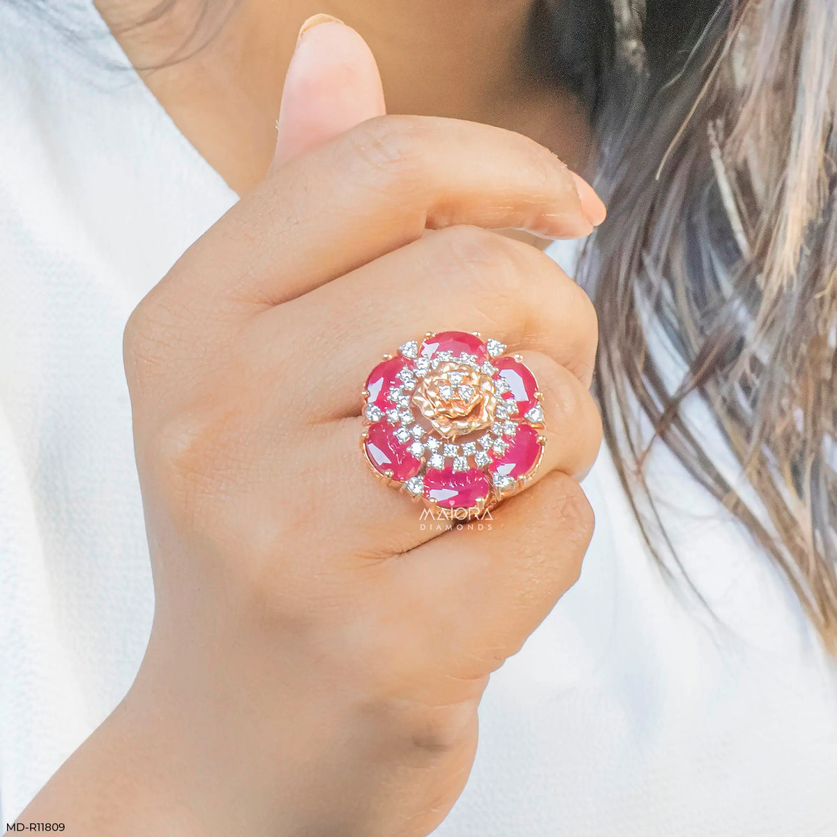 Oval Ruby Rose Diamond Cocktail Ring