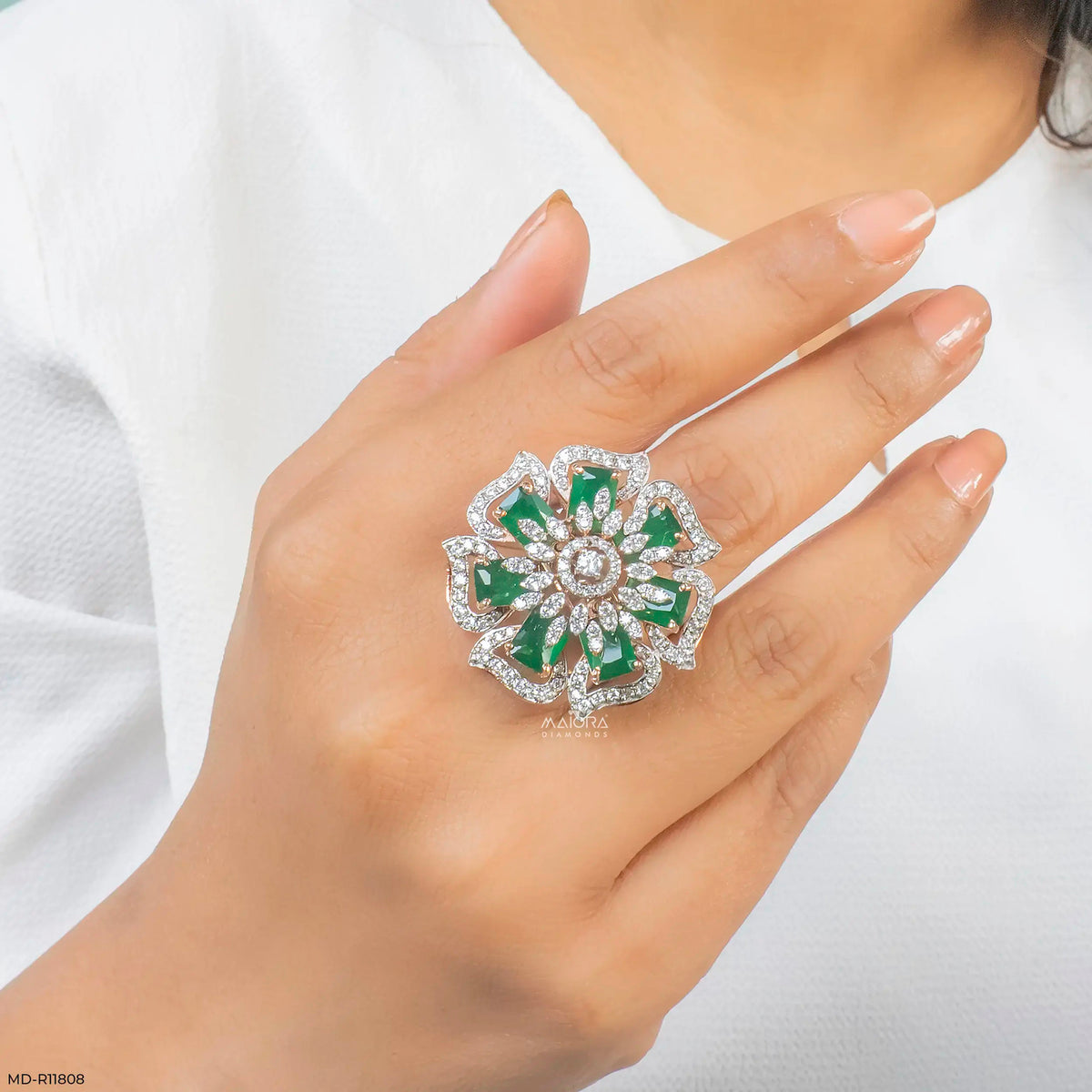 Emerald Blossom Diamond Cocktail Ring