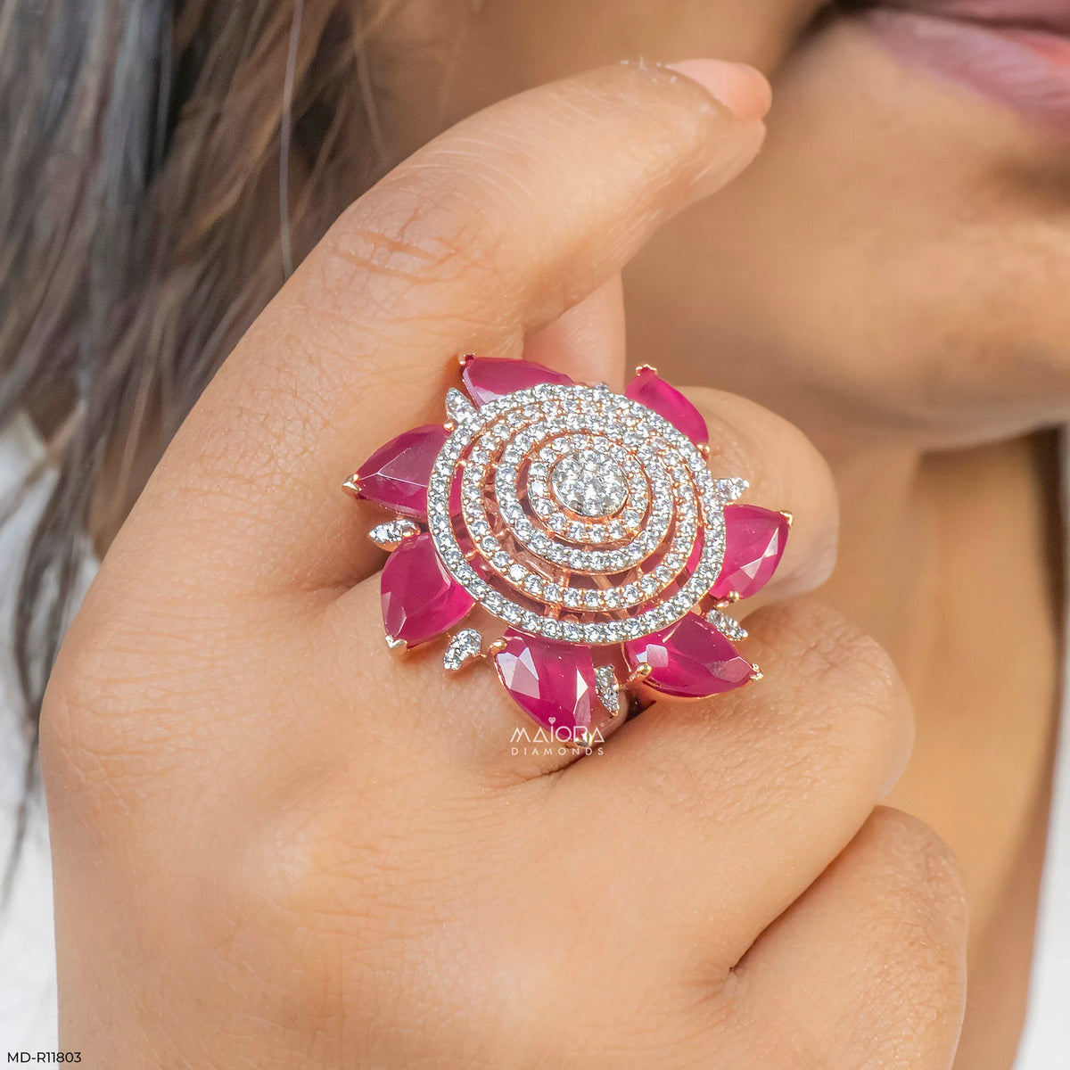 Royal Pear Ruby Lotus Diamond Cocktail Ring