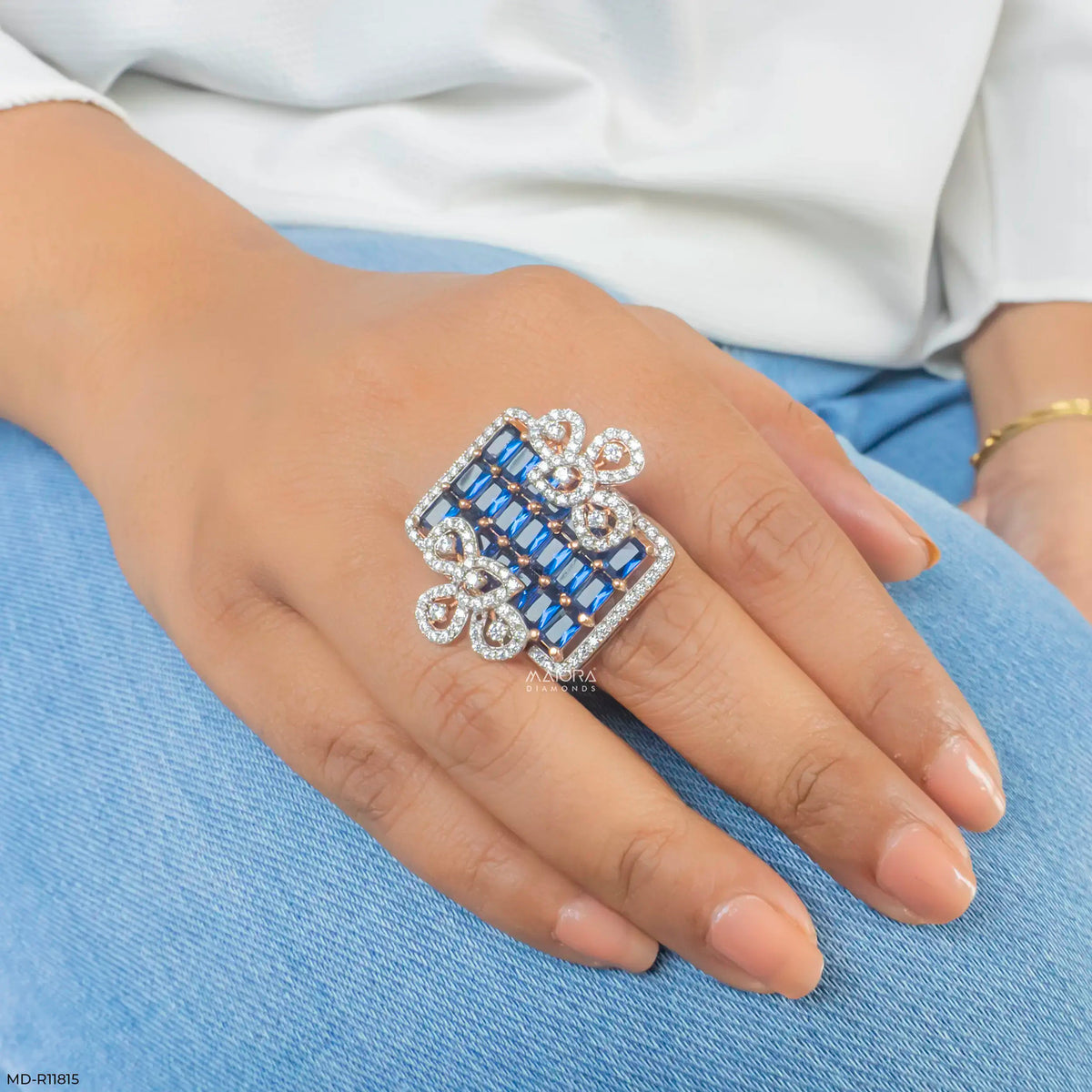 Blue Sapphire Grid Petal Diamond Cocktail Ring